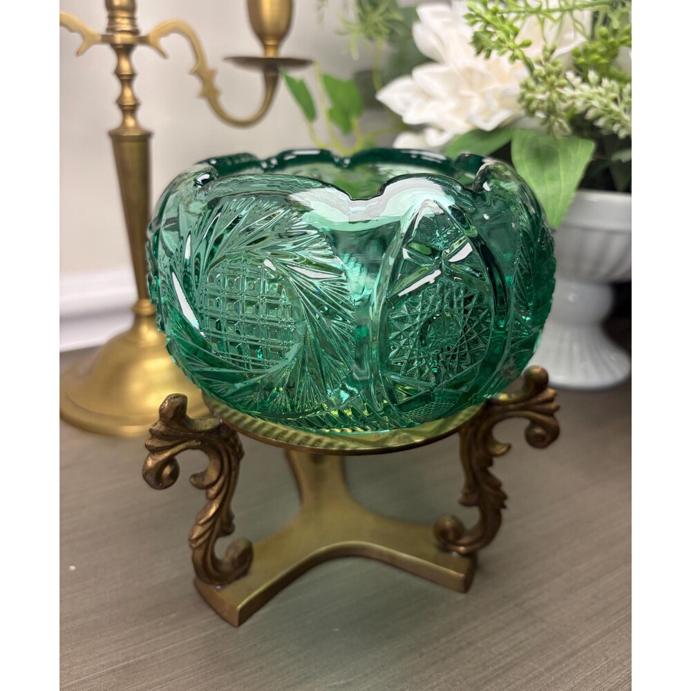 Vintage Fenton Spruce Green Cut Glass Rose Bowl With Ornate Brass Footed Stand